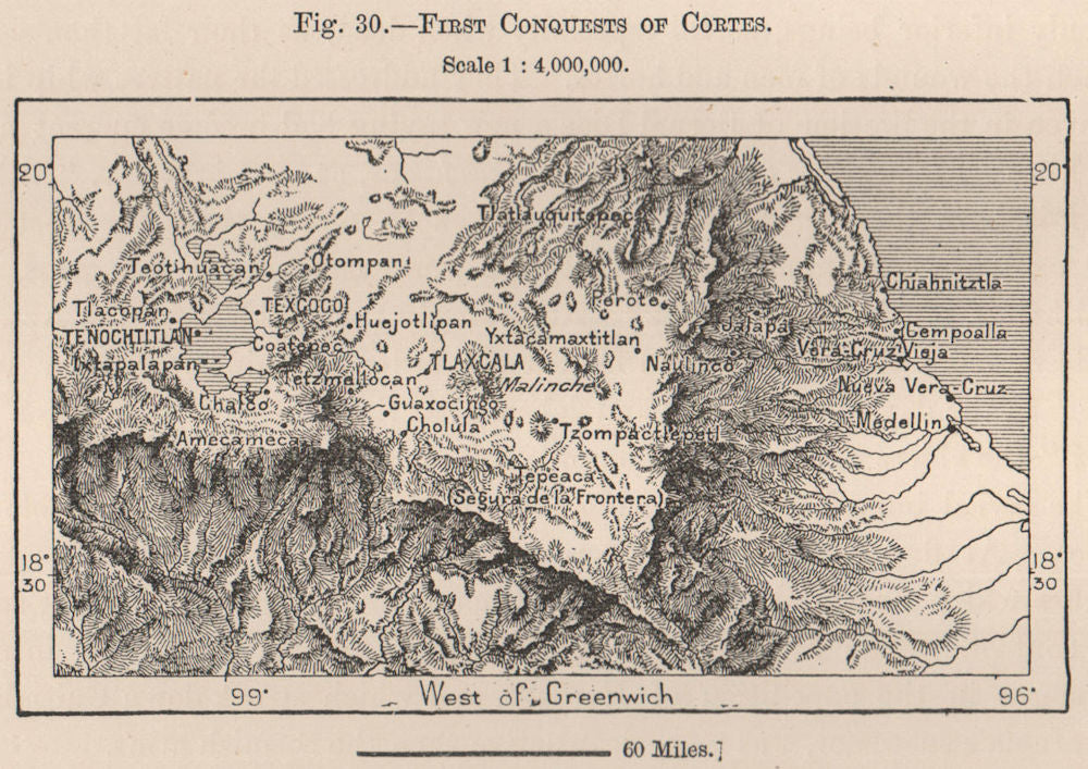 First Conquests of Cortes. Mexico 1885 old antique vintage map plan chart